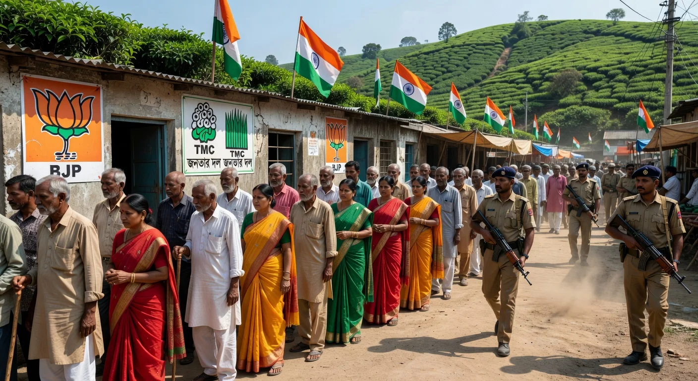 Voters queuing at a North Bengal polling station amid assembly elections, with BJP-TMC posters and security forces.