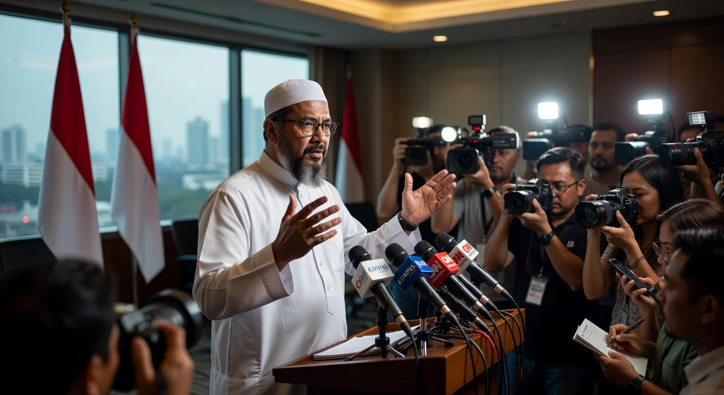 Syekh Ahmad Al Misry emphatically denies sexual harassment allegations during a crowded press conference in Jakarta.