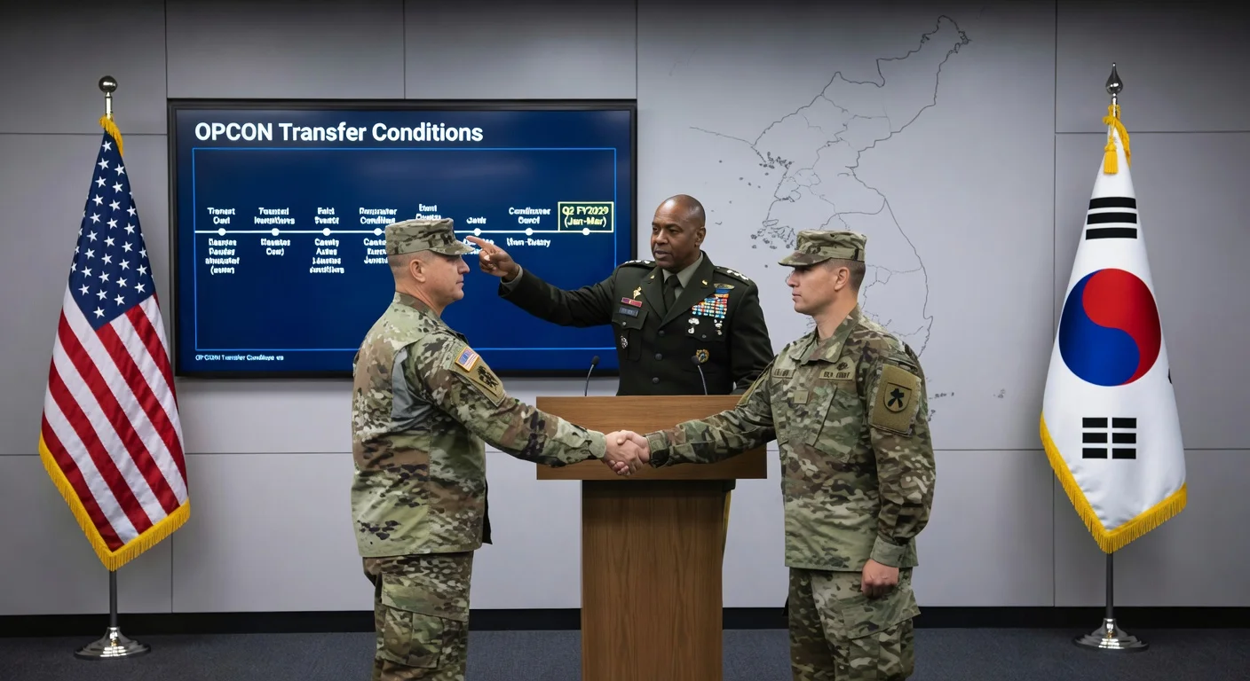Gen. Xavier Brunson announces US-South Korea OPCON transfer roadmap targeting early 2029, with allied flags and soldiers.