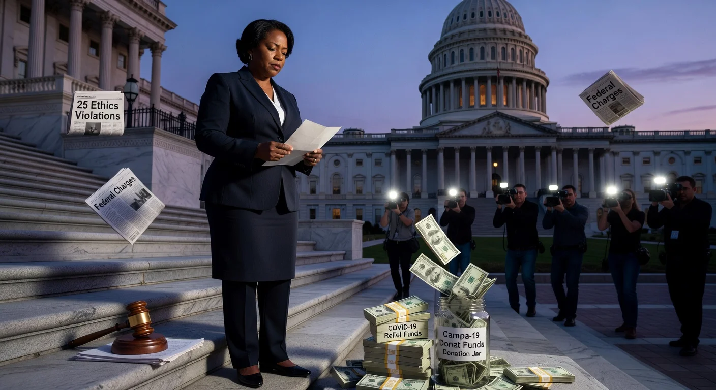 Illustration of Rep. Sheila Cherfilus-McCormick resigning from Congress amid ethics scandal and COVID fund allegations.