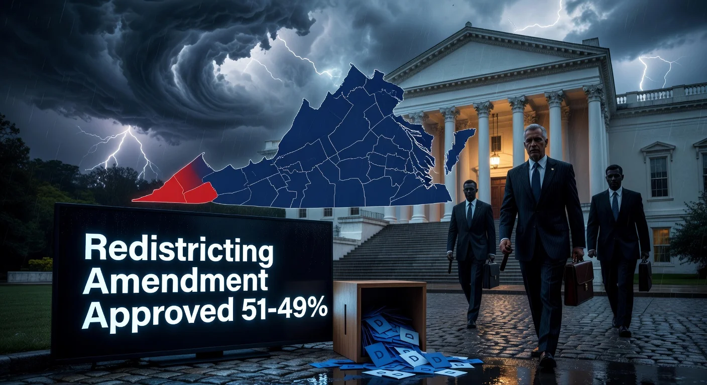 Illustration depicting Virginia's narrow 51-49% approval of Democratic-favoring redistricting map amid GOP court threats.