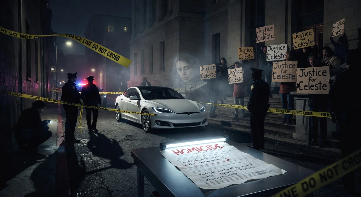 Illustration of crime scene Tesla, autopsy report, and justice protest in Celeste Rivas Hernandez murder case.