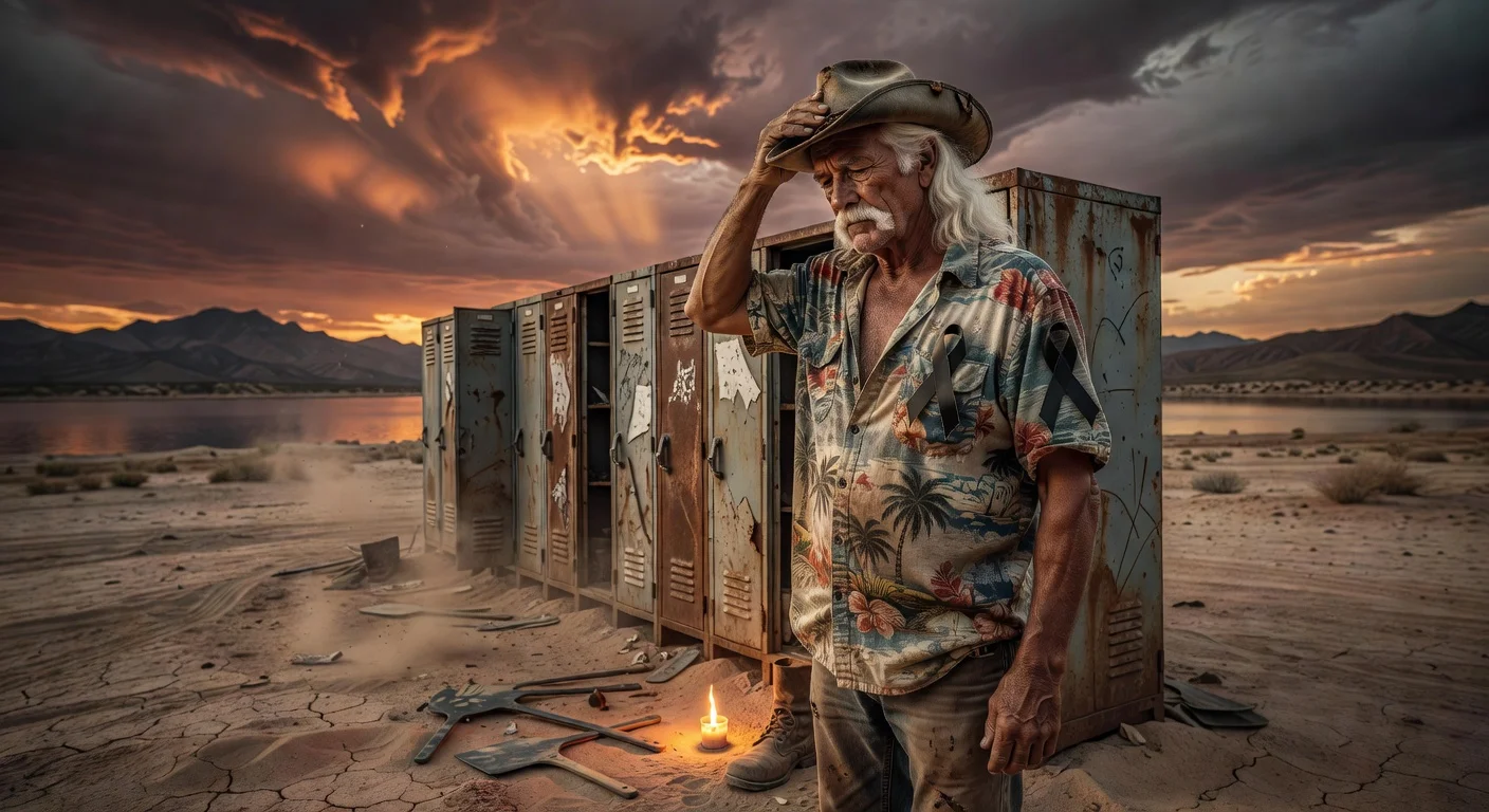 Somber photorealistic tribute illustration of Storage Wars star Darrell Sheets amid storage lockers in Arizona desert.