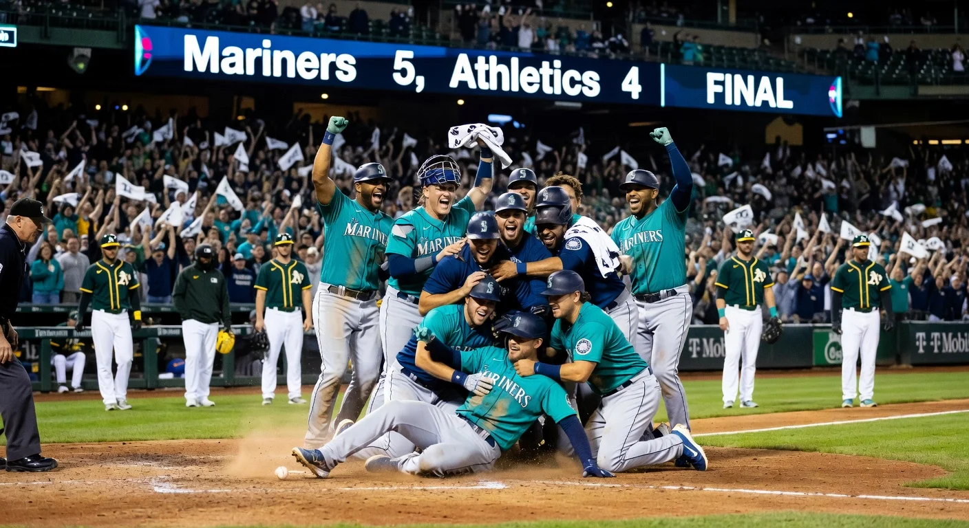 Seattle Mariners celebrate walk-off 5-4 win over Oakland Athletics at T-Mobile Park.