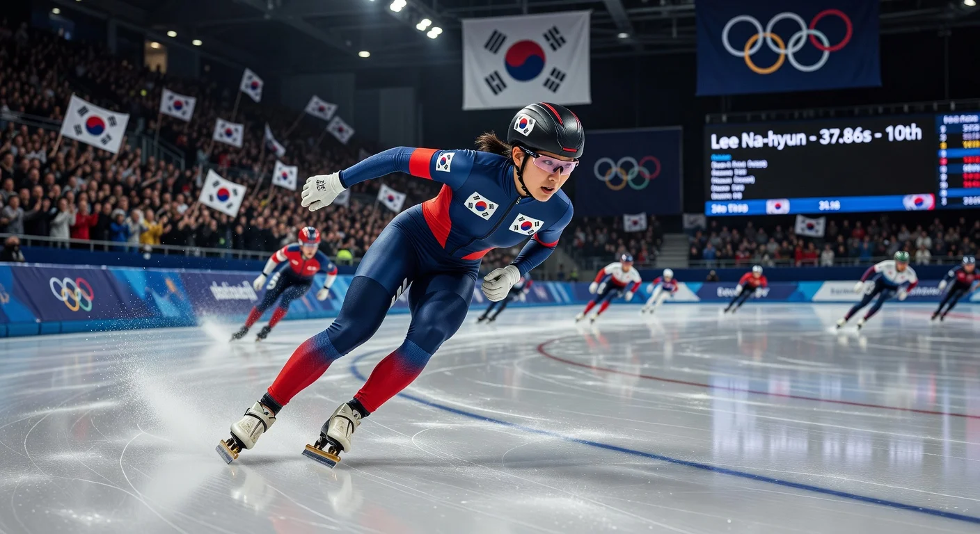 Dynamic photo of South Korean speed skater Lee Na-hyun racing in the women's 500m at the Milan Cortina Winter Olympics, finishing 10th.