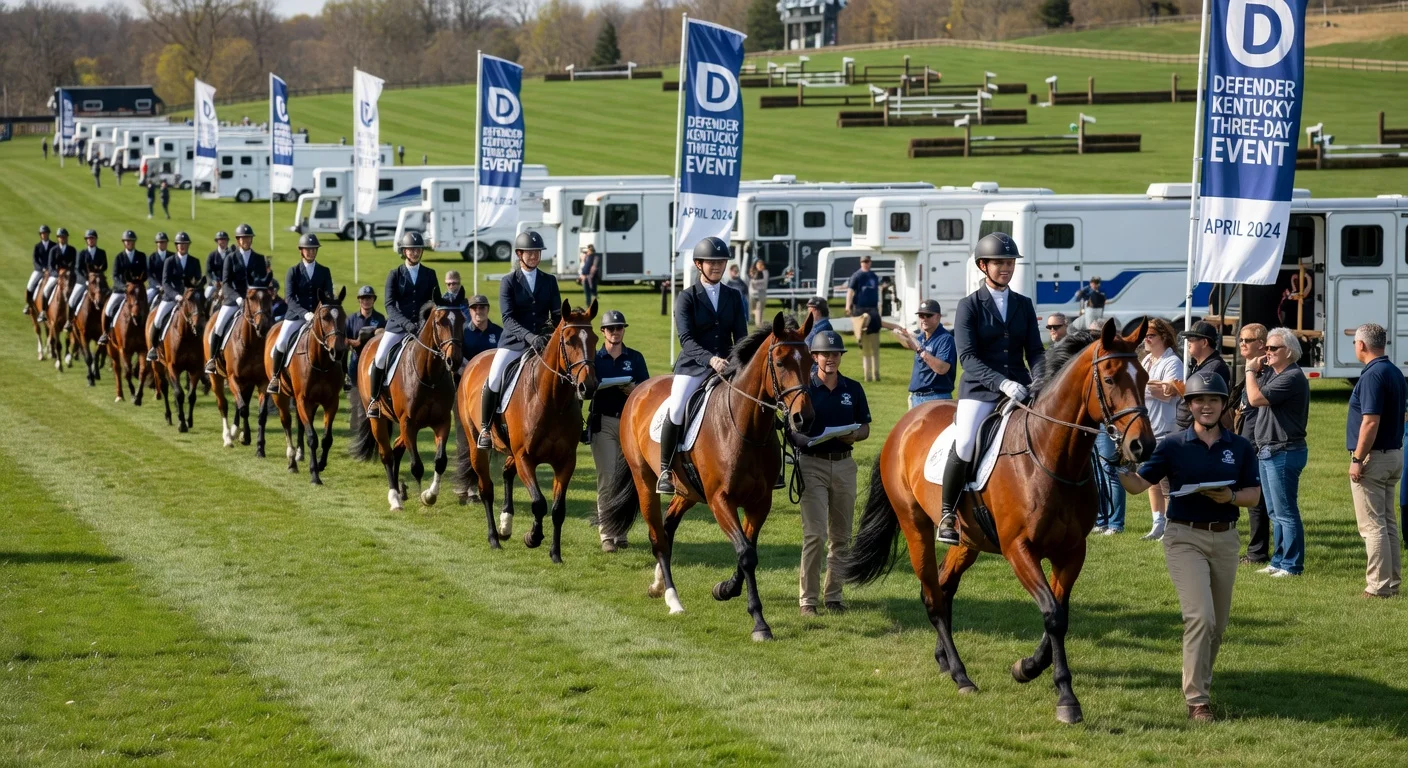 Horses successfully passing the first trot-up inspection at the Kentucky Three-Day Event, with handlers and officials on a sunny day.