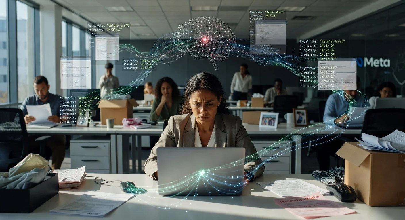 Illustration depicting Meta employee under invasive AI surveillance monitoring at work, amid layoffs and staff backlash.