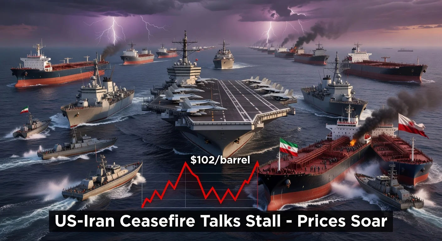 Dramatic scene of US naval blockade and Iranian ship seizures in the Strait of Hormuz, with oil prices topping $100 amid stalled ceasefire talks.