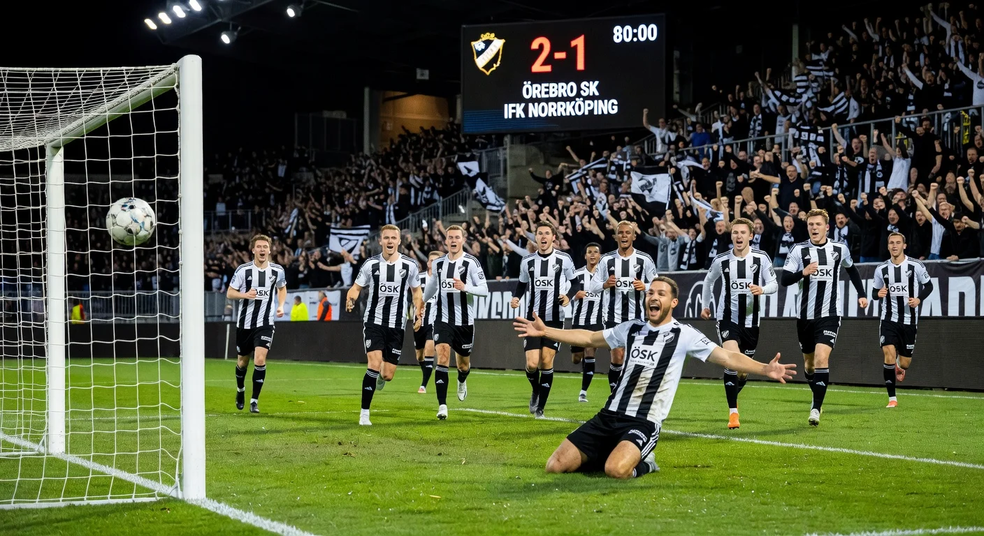 Örebro SK celebrates Antonio Yakoub's winning goal in a 2-1 comeback victory over IFK Norrköping, securing Superettan lead at Behrn Arena.