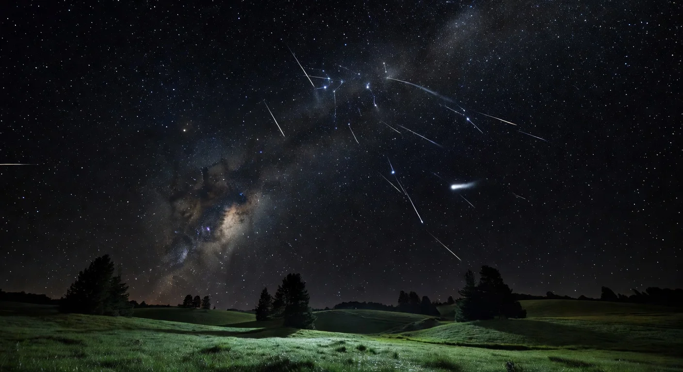 Photorealistic illustration of the Lyrid meteor shower peaking with up to 20 meteors per hour under ideal dark skies.