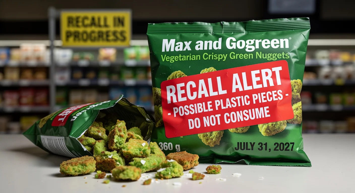 Recalled Max and Gogreen vegetarian Crispy Green Nuggets package with recall warning and plastic contamination shown.