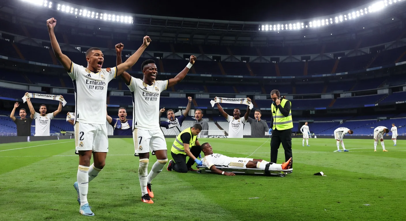 Real Madrid's 2-1 victory over Alavés at Bernabéu: Mbappé and Vinícius celebrate amid fan boos and Militão's injury.