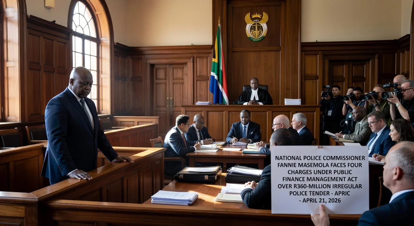 National Police Commissioner Fannie Masemola appears in Pretoria court facing PFMA charges related to a R360m tender.