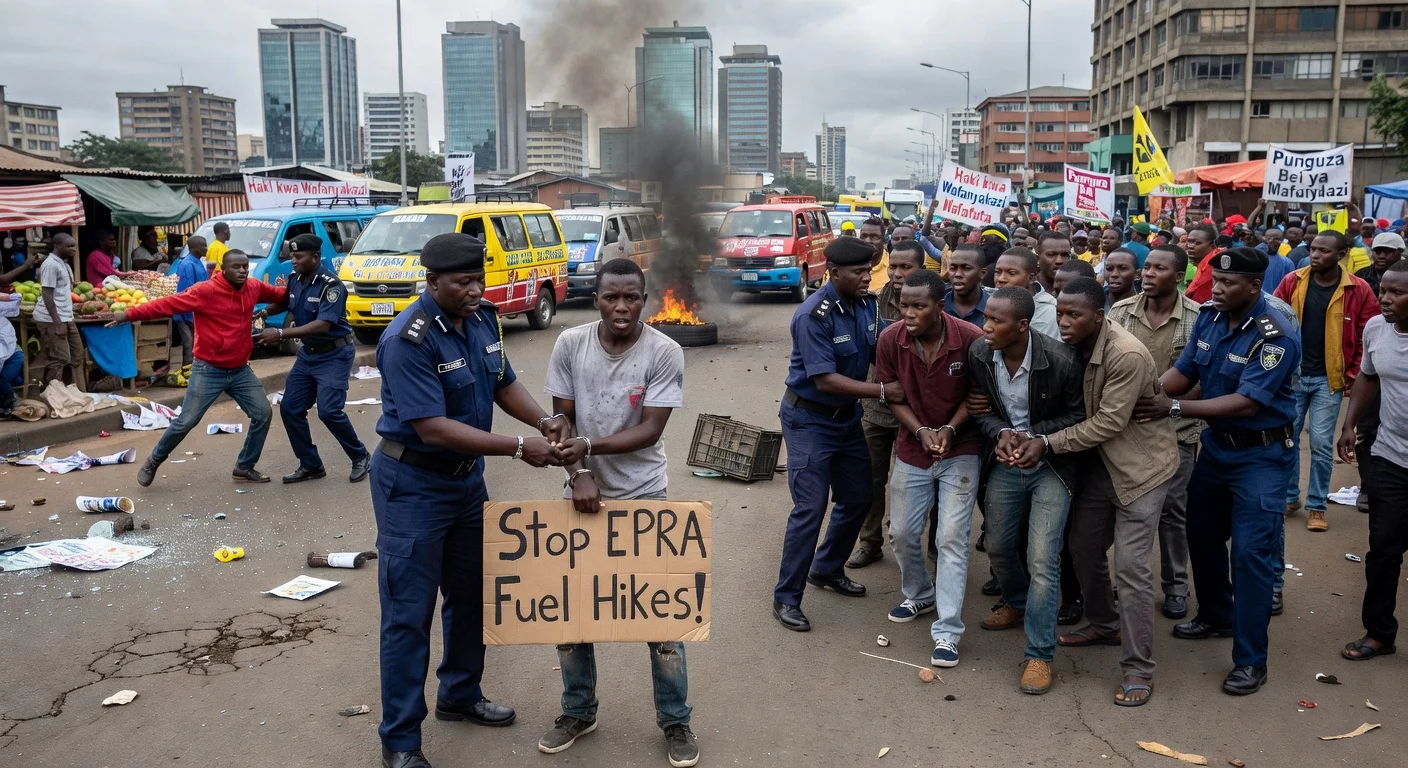 Police in Nairobi arrest protesters holding anti-fuel price signs during demonstrations.