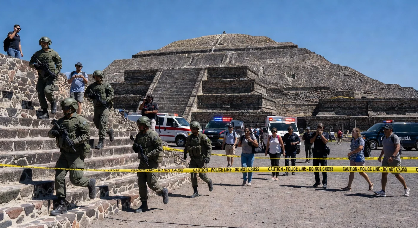 National Guard troops rapidly securing Teotihuacán's Pyramid of the Moon after a shooting incident.