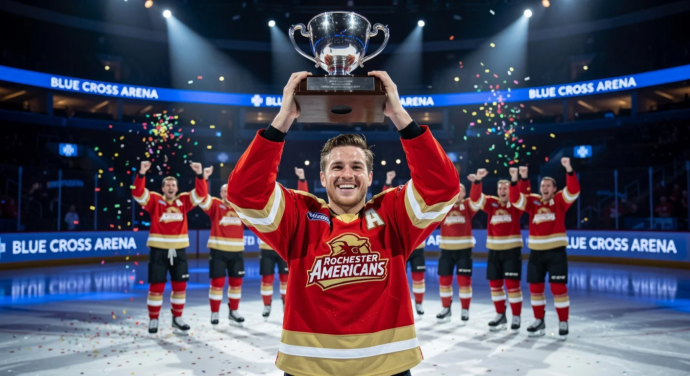 Zac Jones celebrates winning the AHL Eddie Shore Award as top defenseman, hoisting the trophy on the rink.