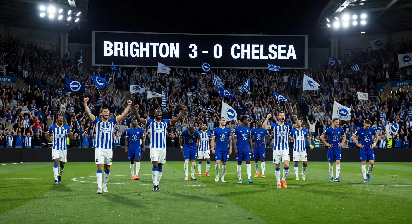 Brighton players celebrate 3-0 Premier League win over Chelsea at Amex Stadium, fans ecstatic, scoreboard visible.