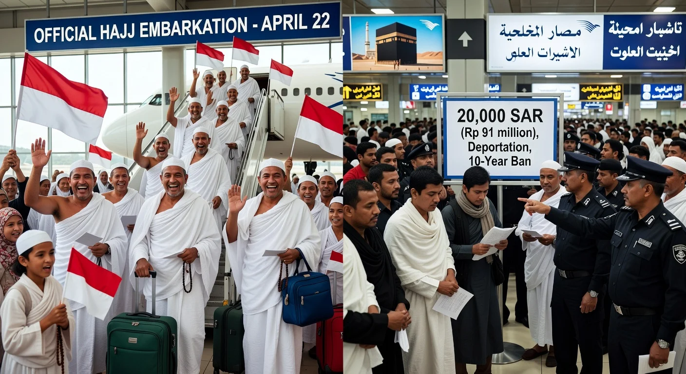 Indonesian pilgrims board official Hajj flights as Saudi authorities fine and ban illegal entrants, split-scene news illustration.