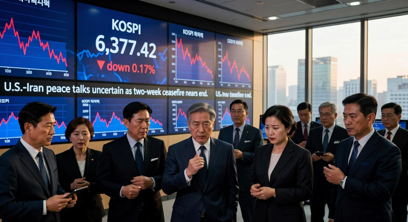 Stock traders on Seoul's exchange floor look concerned at falling KOSPI amid U.S.-Iran peace talk uncertainties.