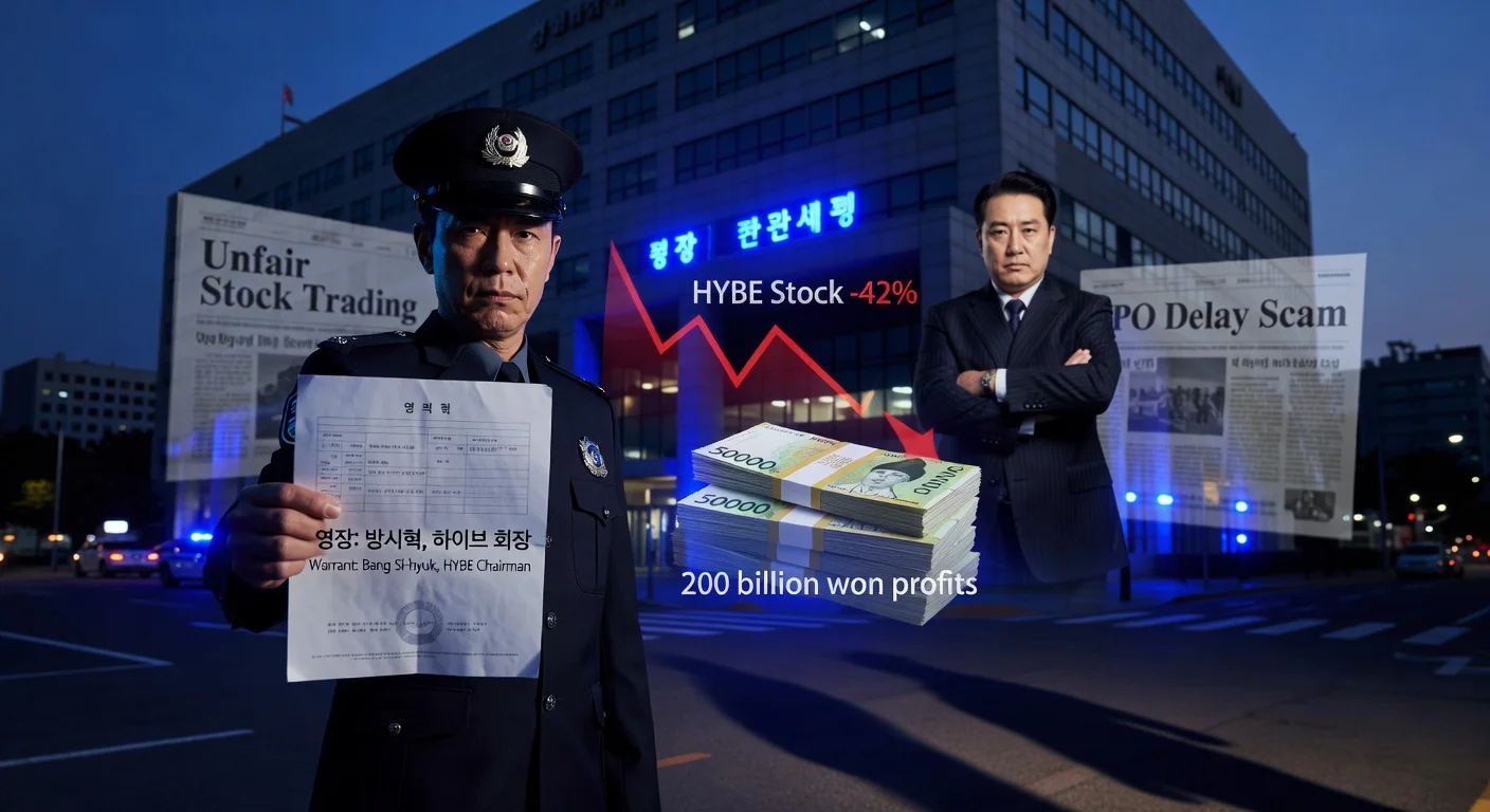 Dramatic illustration depicting Seoul police seeking arrest warrant for HYBE Chairman Bang Si-hyuk over alleged stock trading violations.