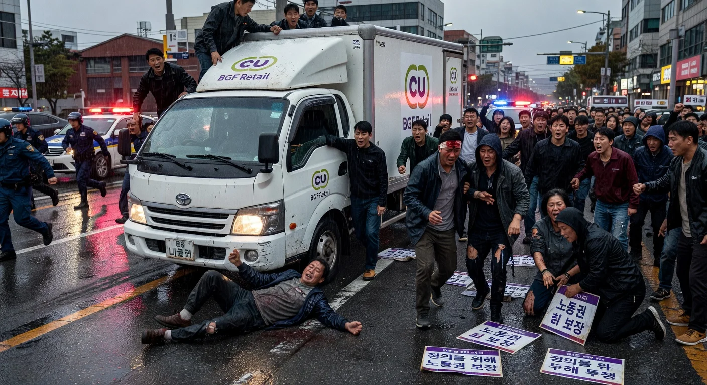 Dramatic illustration of chaos after a delivery truck strikes protesters at a Jinju labor rally, with injured on the ground and police responding.