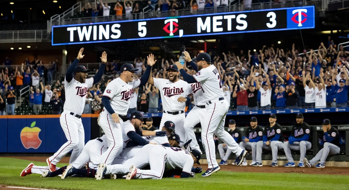 Twins players celebrate dramatic 5-3 rally win over Mets at Citi Field.