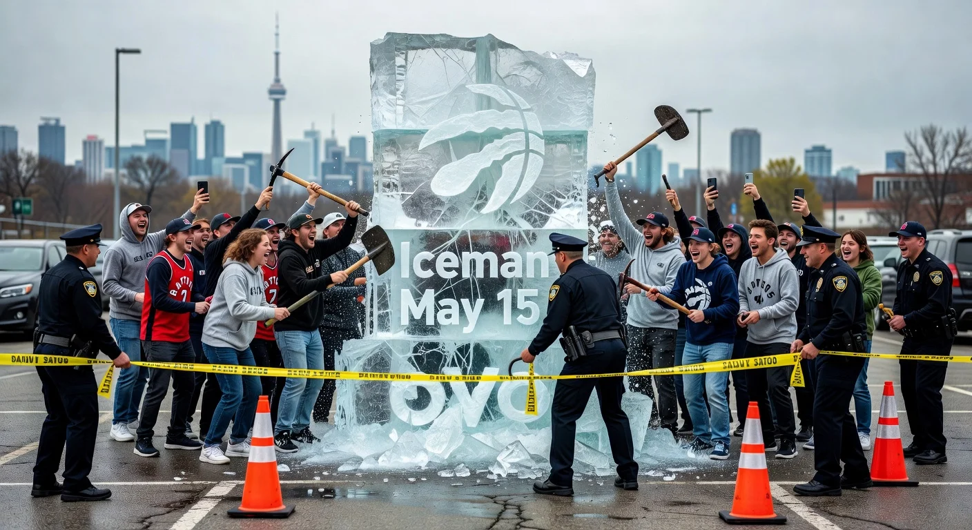 Fans eagerly chipping away at a giant ice sculpture in a Toronto parking lot, revealing Drake's 'Iceman' album release date of May 15, as police cordon off the area.
