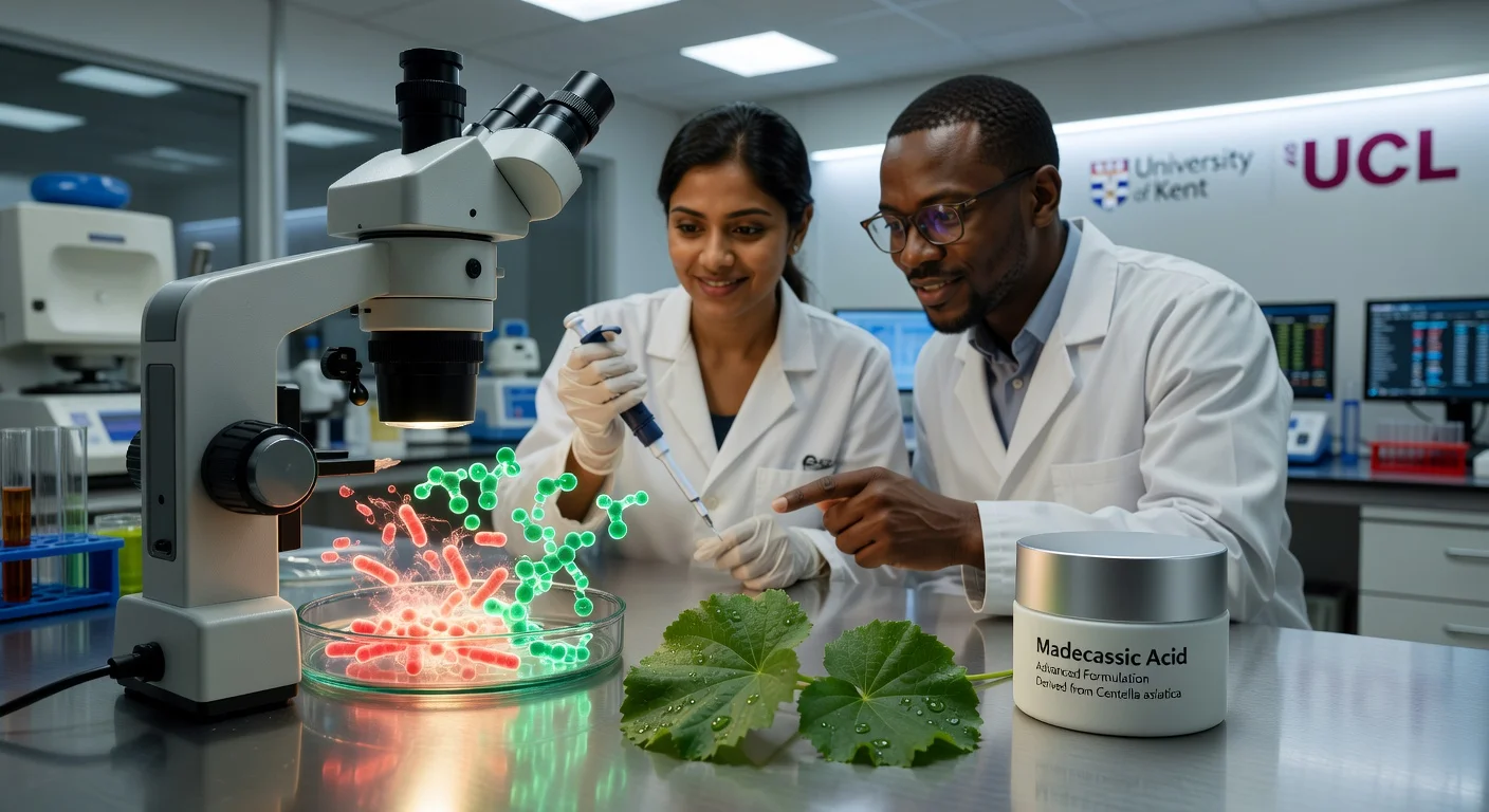 Lab illustration of madecassic acid from Centella skincare inhibiting drug-resistant E. coli bacteria.