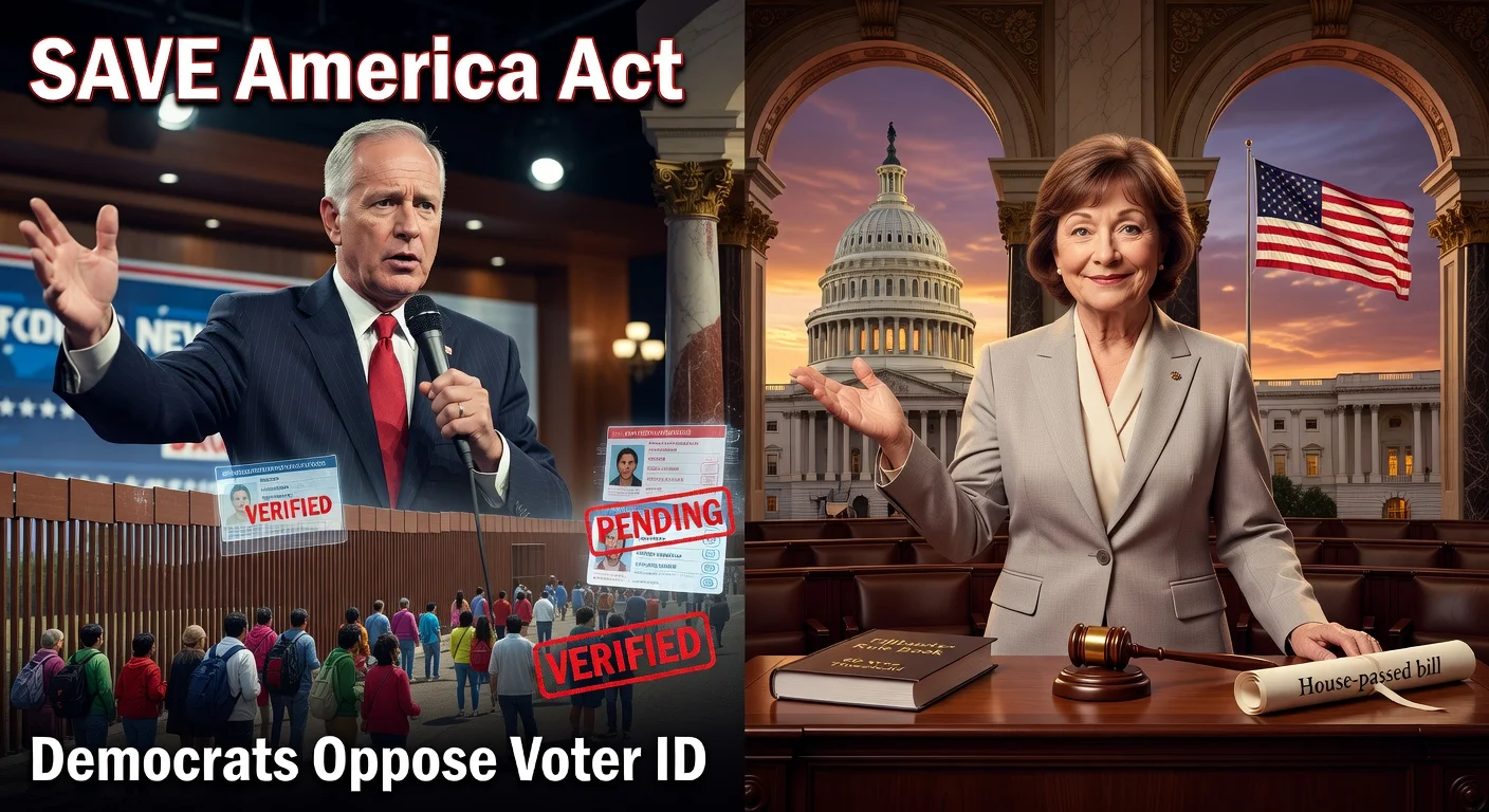 Composite illustration of Sens. Hagerty and Collins on the SAVE Act, highlighting immigration ties and filibuster concerns.