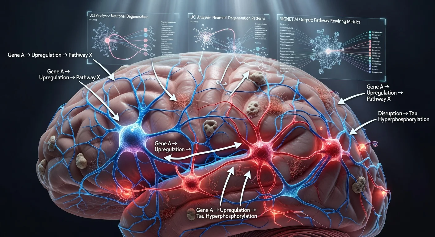 Scientific illustration showing AI tool SIGNET mapping disrupted gene networks in Alzheimer's brain neurons.