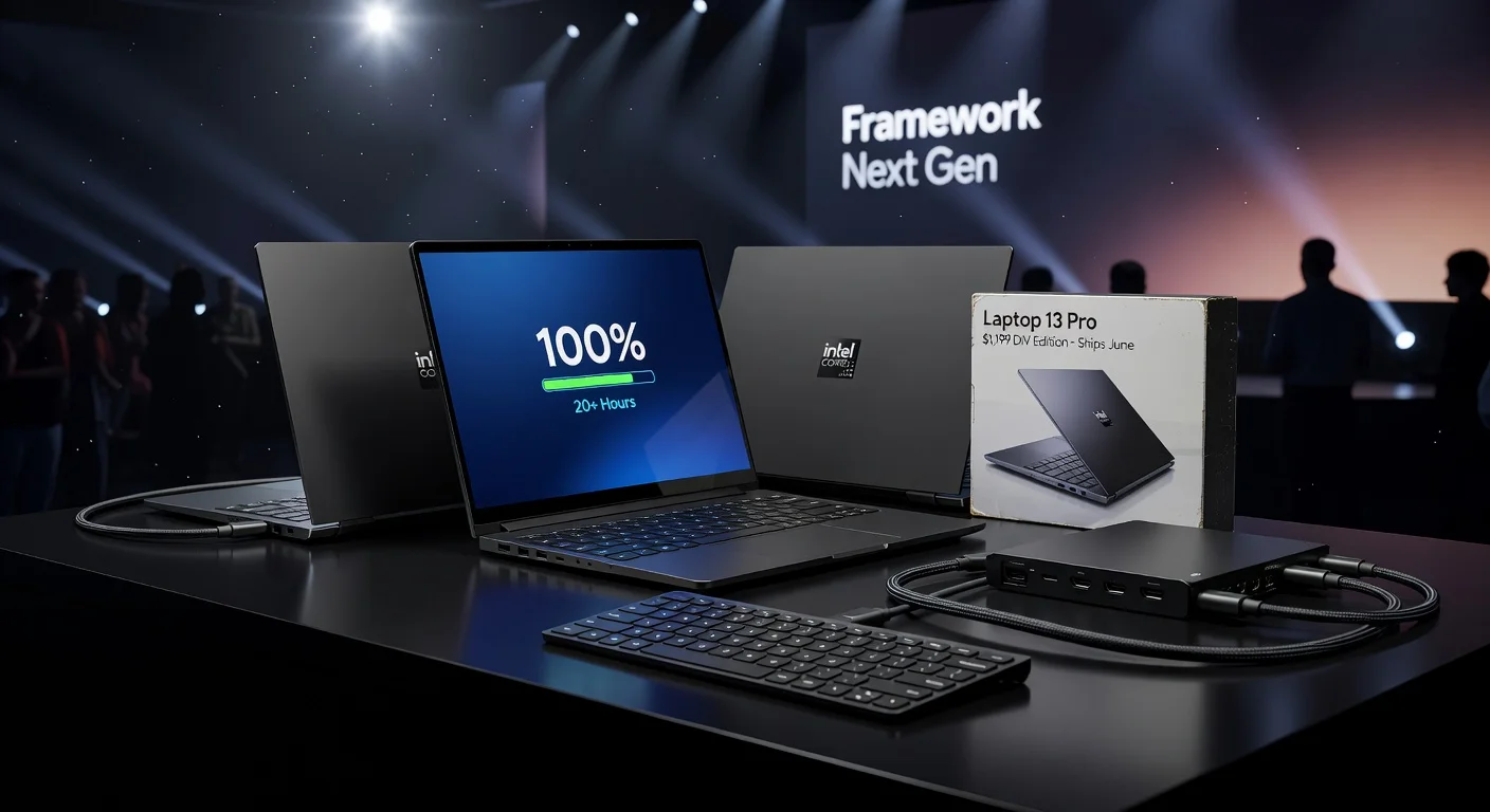 Framework Laptop 13 Pro showcased on stage with 20-hour battery highlight, alongside Laptop 16 updates, OCuLink GPU kit, and wireless keyboard.