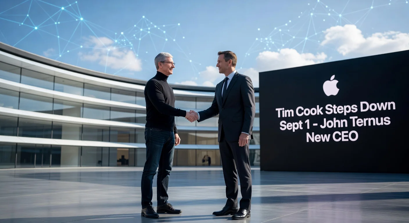 Tim Cook shaking hands with successor John Ternus at Apple leadership transition event, AI motifs in background.