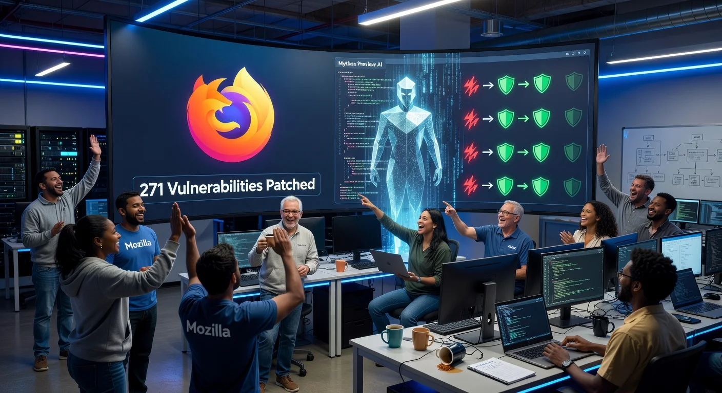 Mozilla engineers using Anthropic's Mythos AI to patch 271 Firefox security vulnerabilities in a high-tech lab.