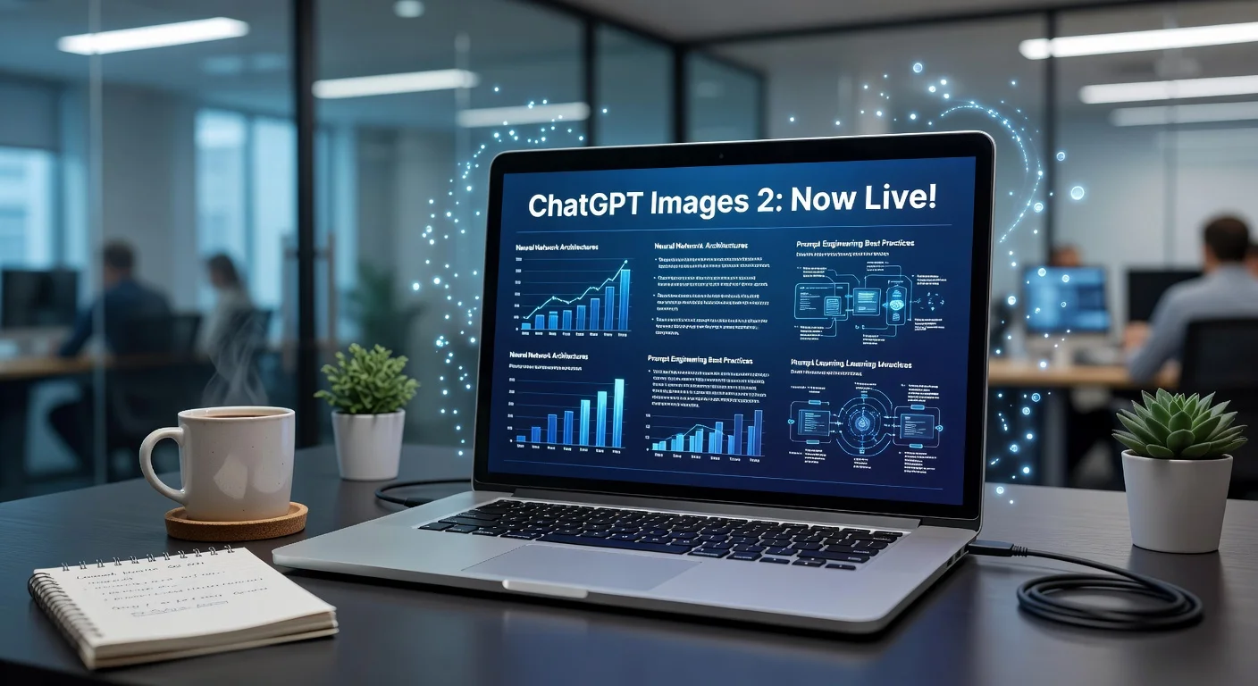 Photorealistic illustration depicting OpenAI's ChatGPT Images 2 launch, with AI generating text-rich infographics on a laptop screen.