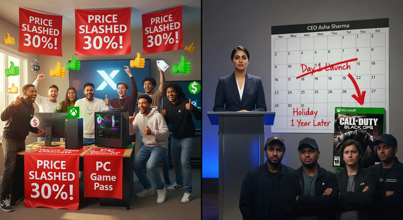 Split-image illustration depicting Xbox Game Pass price reductions alongside delayed Call of Duty day-one access.