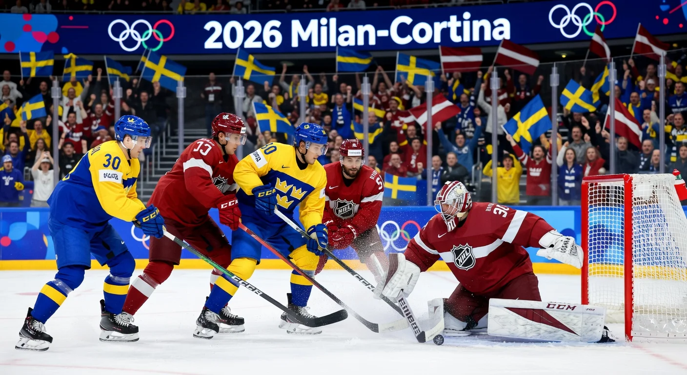 Dramatic illustration of Sweden vs. Latvia ice hockey play-in at the 2026 Winter Olympics, showing intense action near the goal.