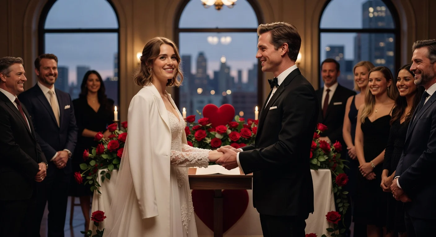 Maya Hawke and Christian Lee Hutson exchanging vows at their Valentine's Day wedding in New York City, surrounded by loved ones.