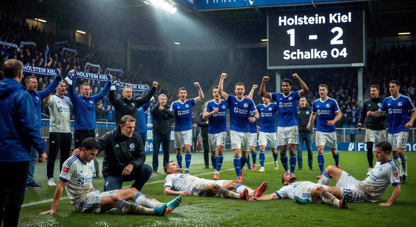 Realistic image depicting Holstein Kiel's 1:2 defeat to Schalke 04, showing dejected home players and celebrating visitors at Holstein-Stadion.