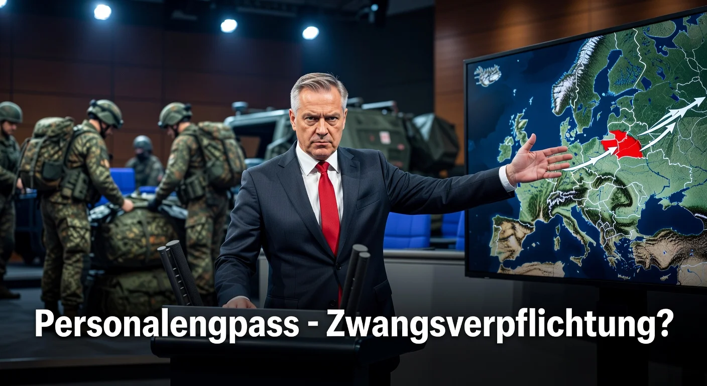 CDU politician Thomas Röwekamp at podium proposing compulsory Bundeswehr deployment to Lithuania amid troop shortages, with map of NATO eastern flank.