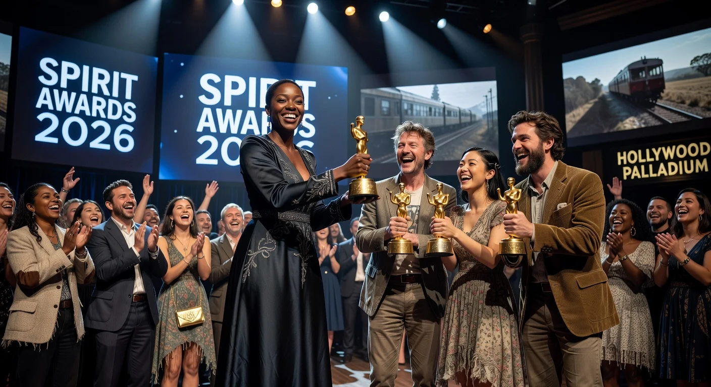 Scene from the 41st Spirit Awards: Host Ego Nwodim presents Best Feature award to 'Train Dreams' team at Hollywood Palladium.