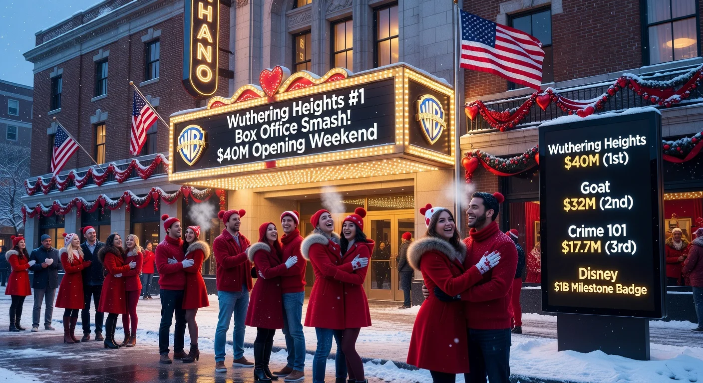 Movie theater marquee announcing Wuthering Heights as top box office earner over holiday weekend, with rankings and festive crowds.
