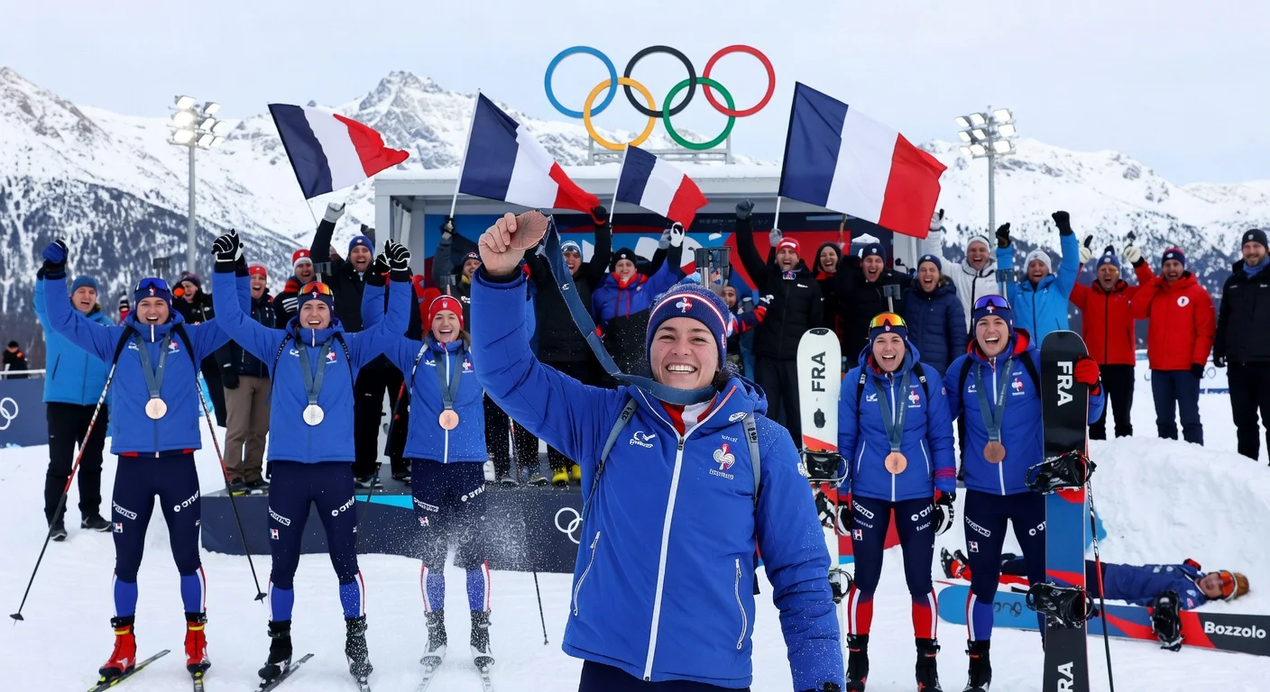French athletes Émilien Jacquelin, ski relay team, and snowboarders Léa Casta and Loan Bozzolo celebrate medals at Milan-Cortina 2026 Winter Olympics, equaling France's record haul.