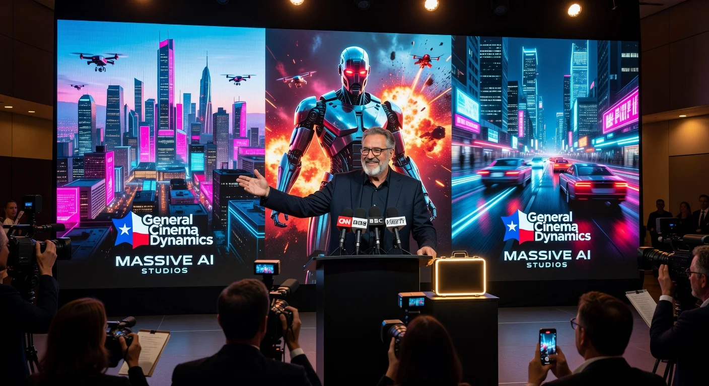 Roger Avary announces three AI-driven films at a press conference, with futuristic movie posters on screen.