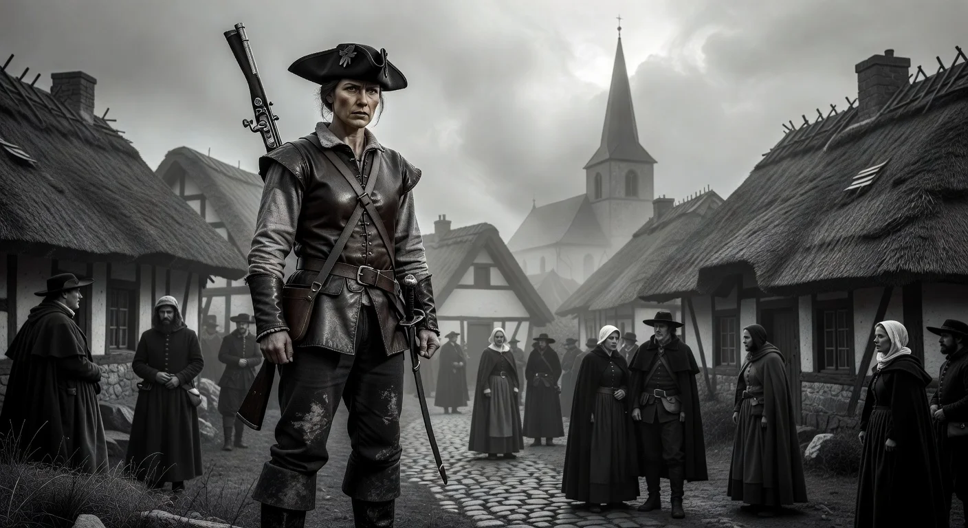 Black-and-white photorealistic portrait of Sandra Hüller as a 17th-century woman disguised as a soldier in 'Rose', acclaimed at Berlin Film Festival.