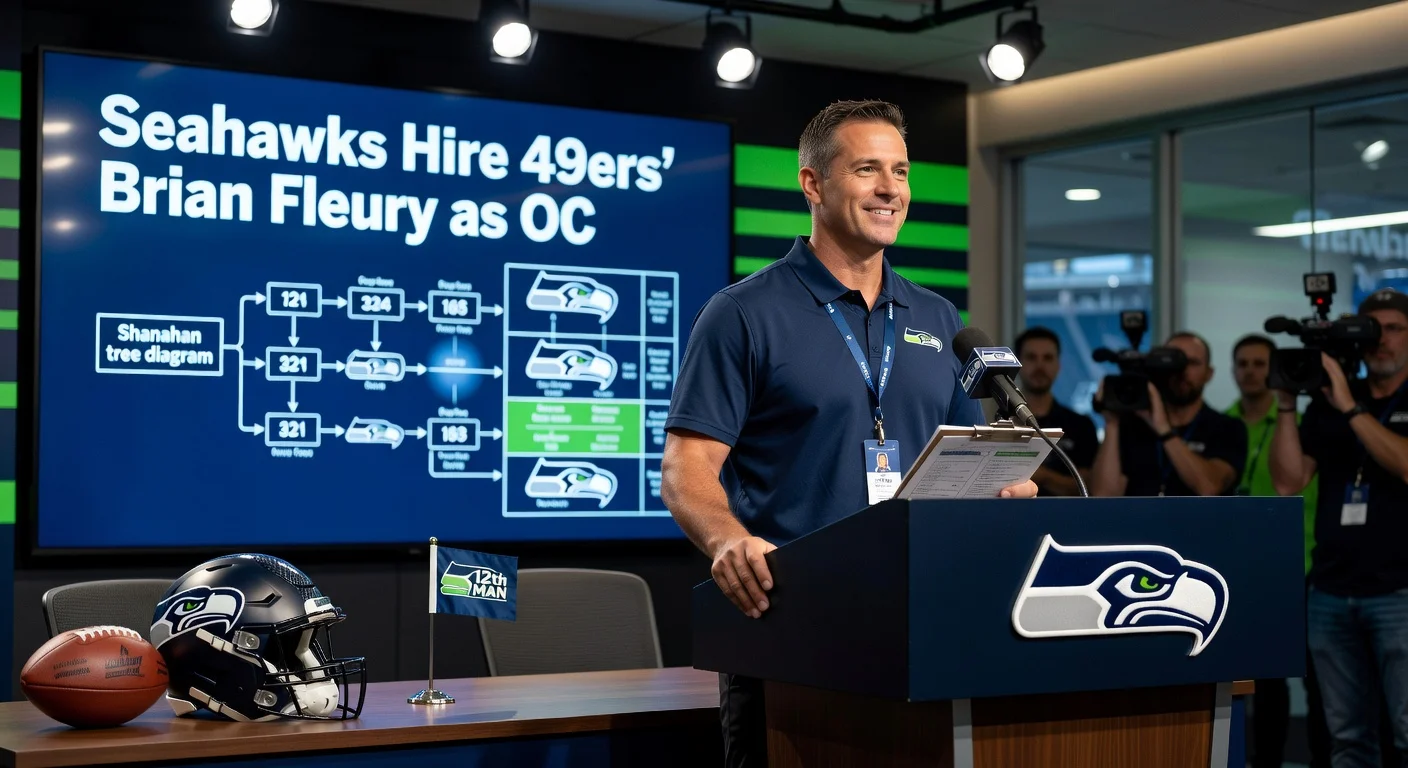 Brian Fleury at Seahawks press conference, introduced as new offensive coordinator from the 49ers.