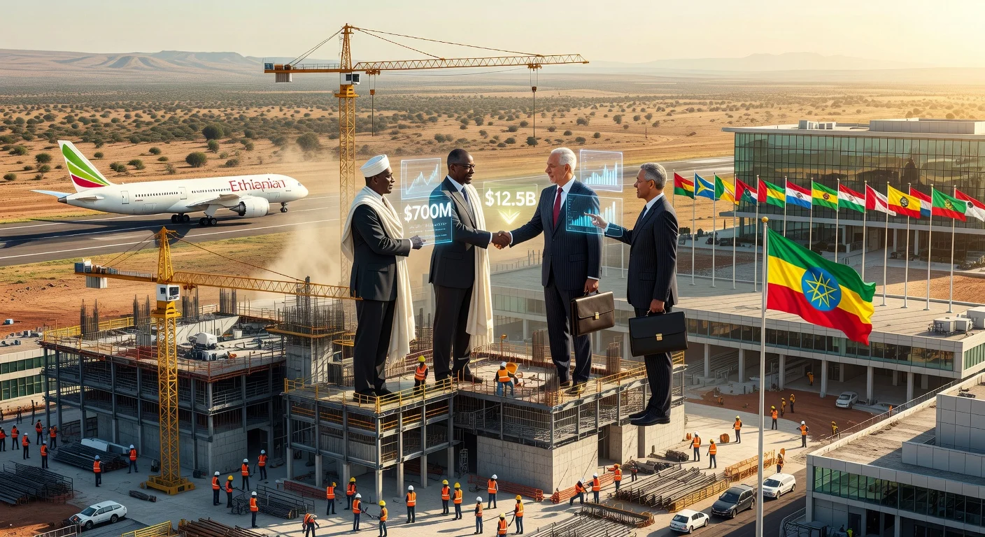 Photorealistic image depicting the construction of Bishoftu Airport in Ethiopia, financed via Wall Street model, with Ethiopian Airlines involvement and African Union Summit backdrop.