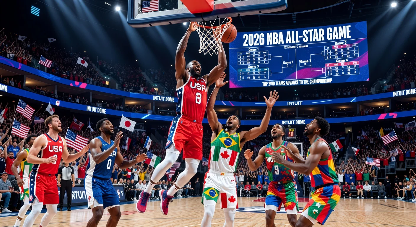 Illustration of intense USA vs. World basketball action in the new round-robin tournament format at the 2026 NBA All-Star Game in Inglewood.