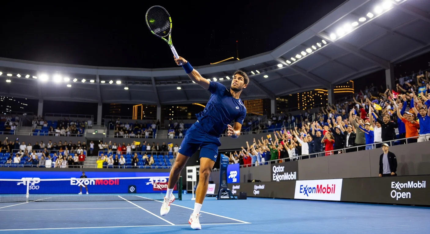 Carlos Alcaraz serving as top seed at Qatar ExxonMobil Open in Doha.