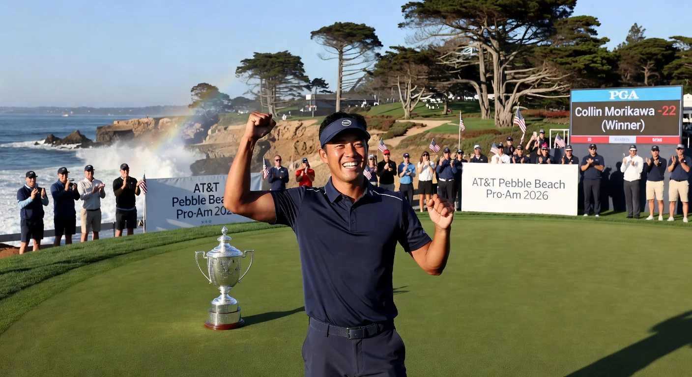Collin Morikawa celebrates birdie on 18th green to win AT&T Pebble Beach Pro-Am by one shot at 22-under par.