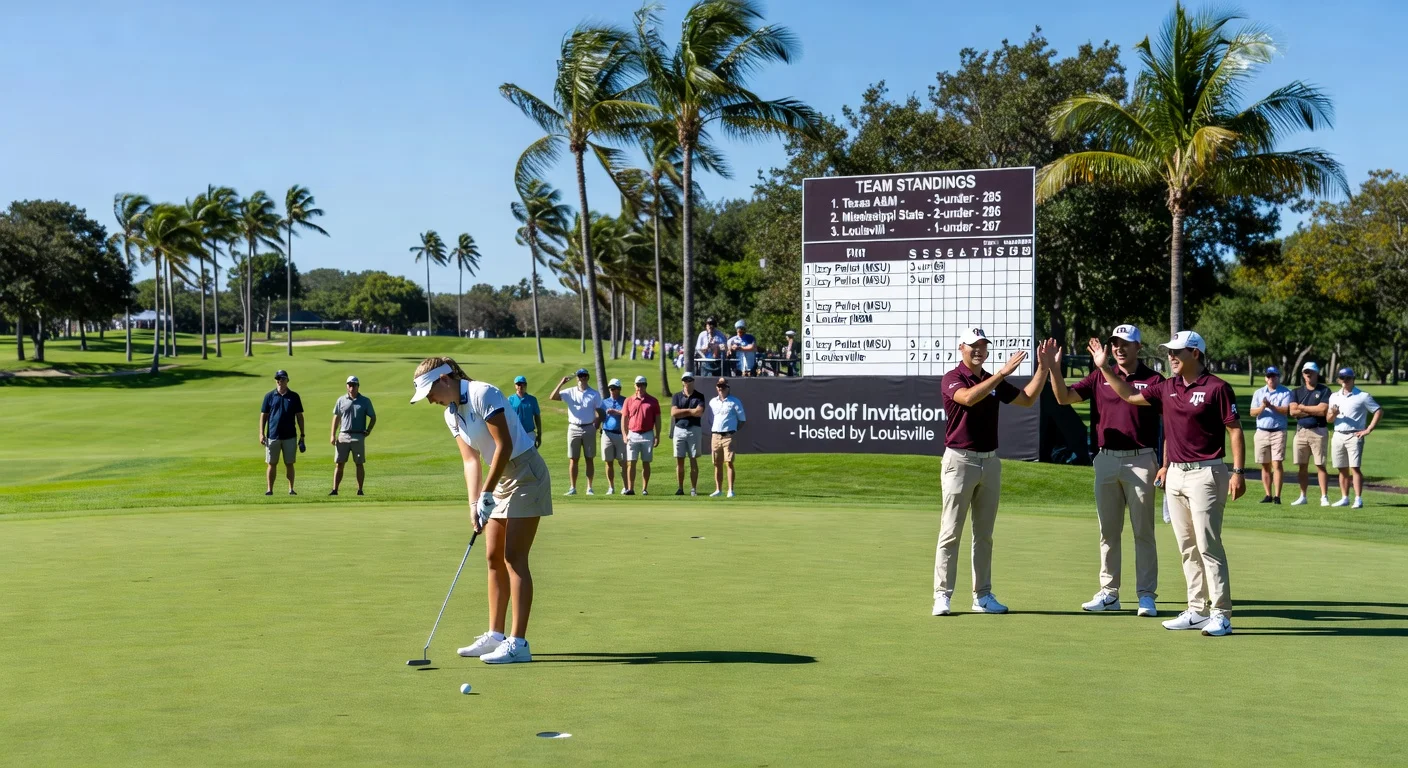 Texas A&M team celebrates leading score after day one of Moon Golf Invitational, with Mississippi State's Izzy Pellot as individual leader at Suntree Country Club.